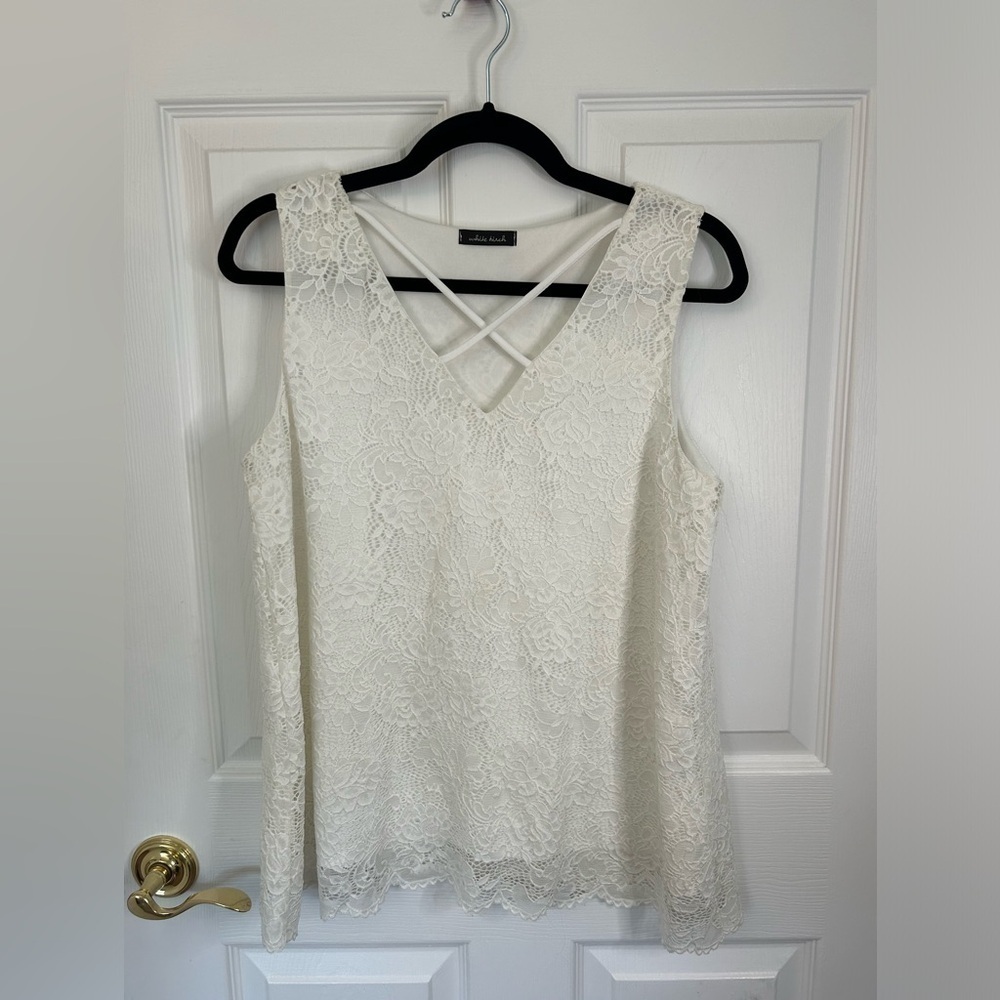 White Birch Boutique Brand White Sleeveless Lace Tank Top Criss Cross Size Large